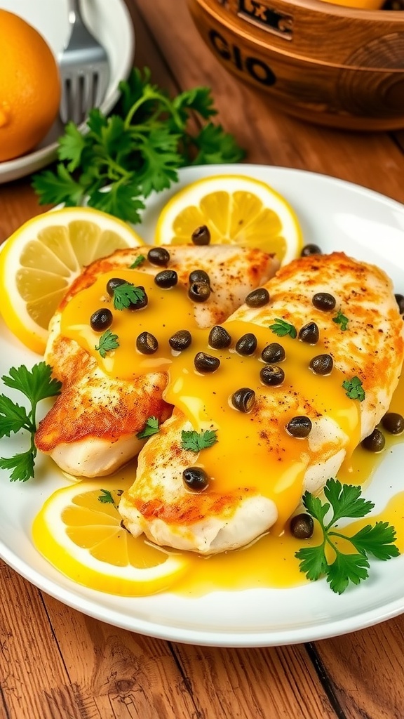 Lemon Chicken Piccata served with capers and garnished with parsley and lemon slices on a rustic wooden table.